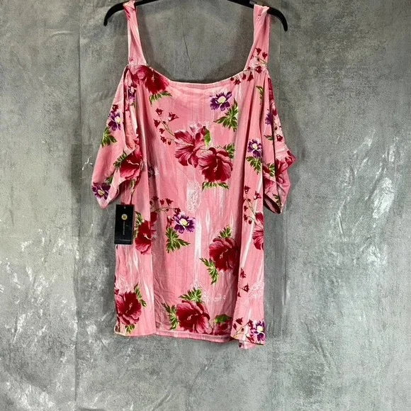 JM Collection Women's Cherry Floral Combo Square-Neck Drapey Cold-Shoulder Top - Picture 2 of 11